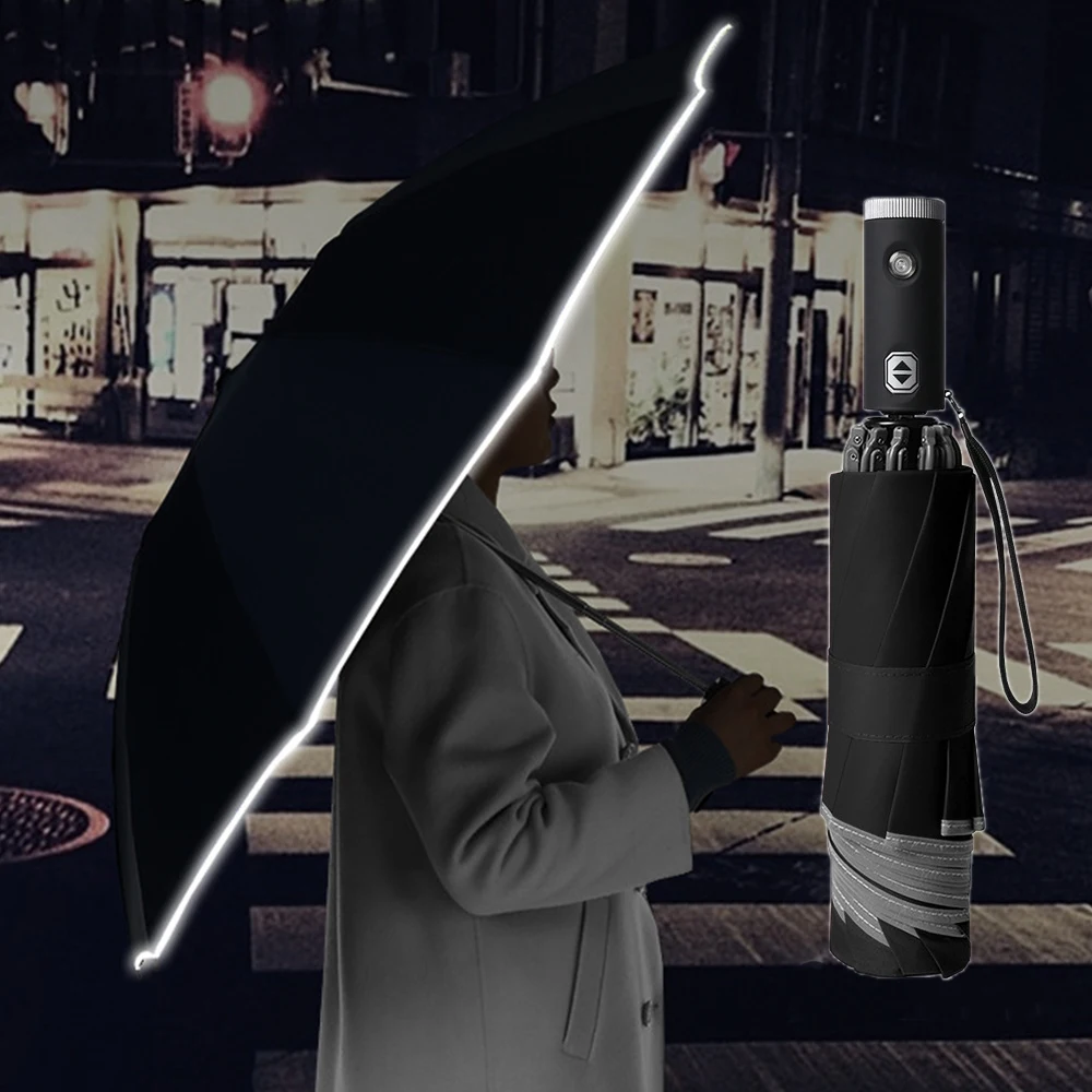 

Automatic Reinforced Umbrella for Men Reverse LED Umbrellas UV Sunny Strong Windproof Women Folding Umbrella with Light 10-Ribs