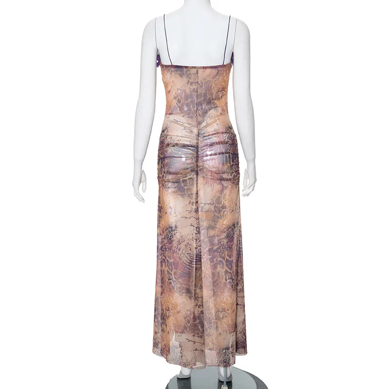 Летнее Длинное Плиссированное Сетчатое платье на бретельках без рукавов с