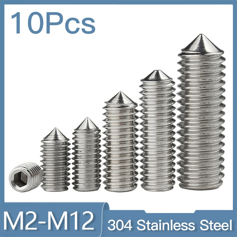 

10 шт./лот, установочный винт с шестигранной головкой, конусная точка, винт M2 M2.5 M3 M4 M5 M6 M8 M10 M12 304 Нержавеющая сталь DIN914