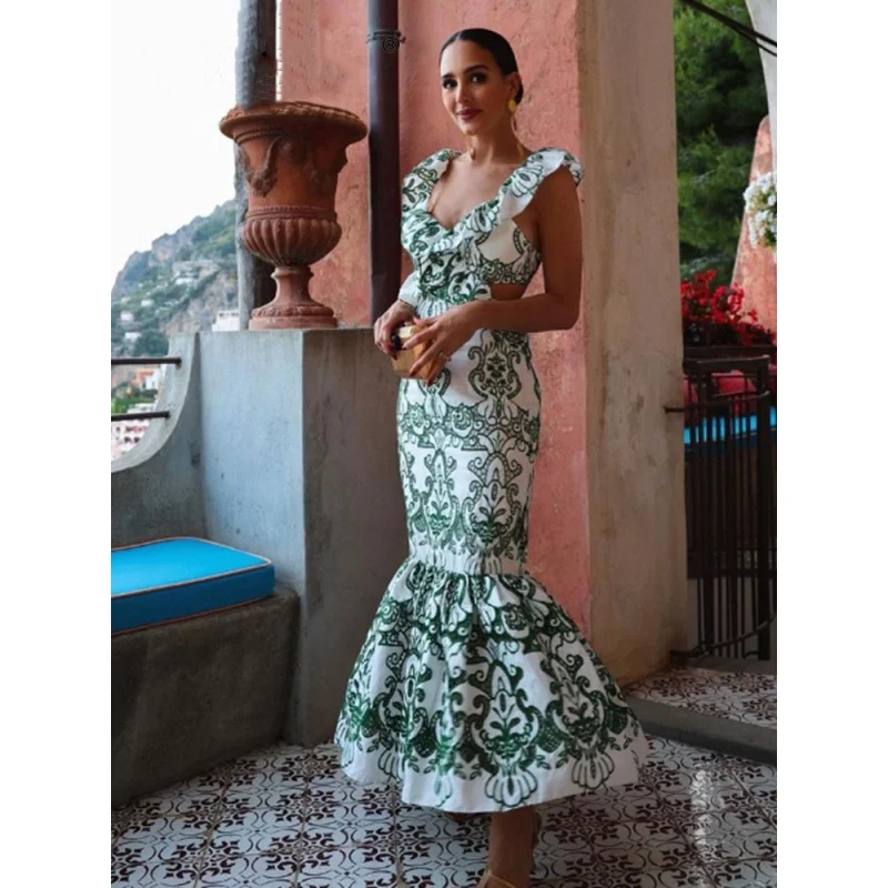 

Women Chic Elegant Ruffles Hollow Out Maxi Dress Sexy V Neck Open Back Sleeveless Lace Up Vestido 2023 Summer Lady Fashion Robe