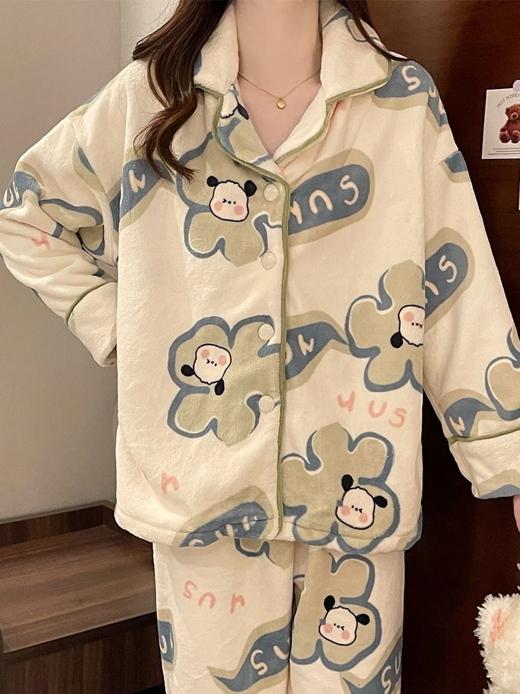 Женские пижамы на весну и осень-зиму утепленный коралловый флис новинка 2024 милый