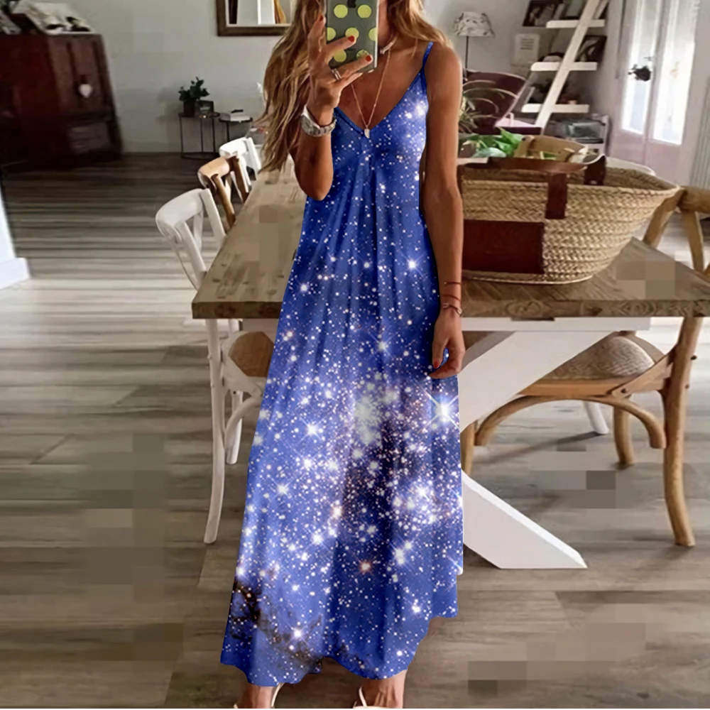 

Женское длинное пляжное платье на бретельках, винтажное платье макси с V-образным вырезом, принтом звездного неба, без рукавов, 6XL, на лето