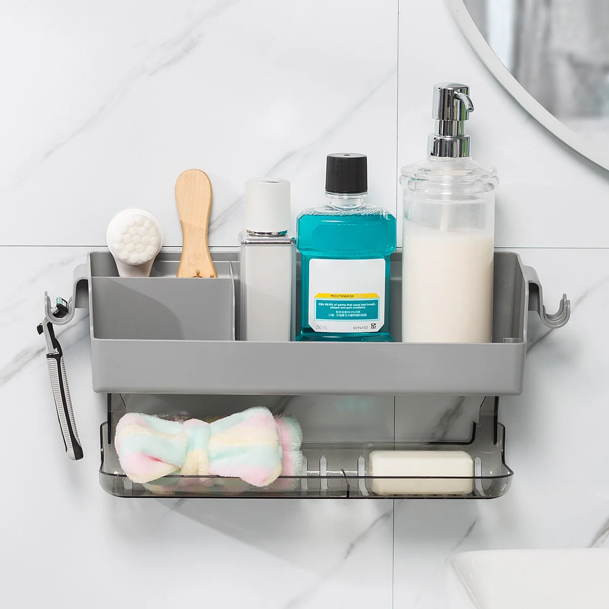 

Double layer bathroom supplies storage rack suction wall type non perforated drainage storage rack kitchen plastic storage box