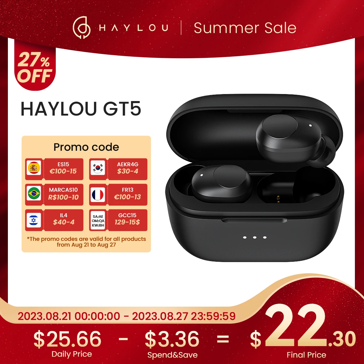 

HAYLOU GT5 Wireless Charging Bluetooth Earphones Touch Control AAC HD Stereo Sound Smart Wearing Detection 24hr battery life