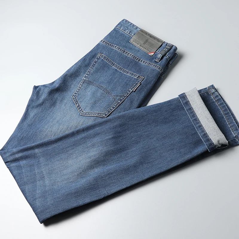 

JSBD Summer fashion blue washed breathable elastic men's soft straight leg casual trousers embroidered jeans thin pants
