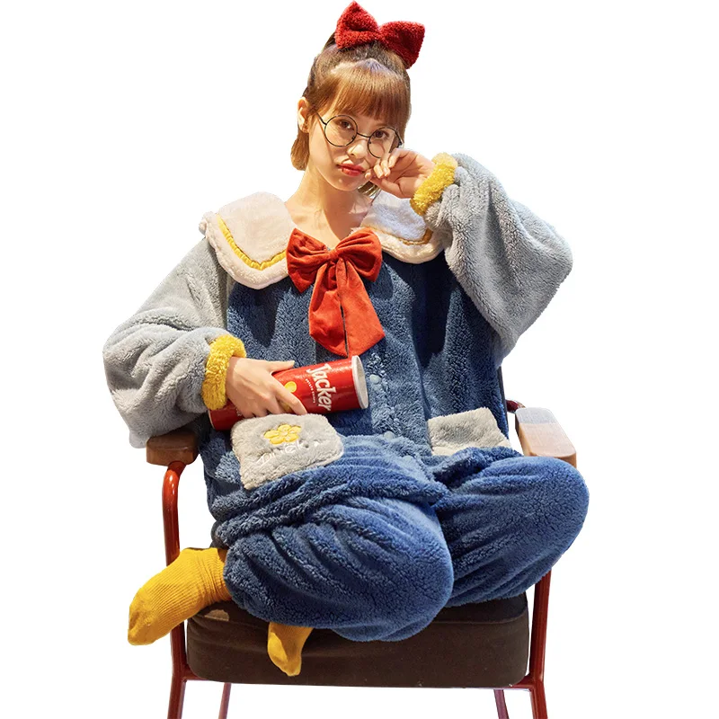 Winter Pajamas Keep Warm Princess Style Plus Size Loose Version Coral Fleece Inspissate Nighty Women Sleepwear Pajama Set