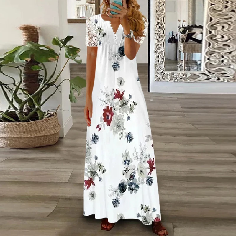 

Женское длинное платье с цветочным принтом, элегантное кружевное платье в стиле бохо с V-образным вырезом и длинным рукавом, модель 2023 года
