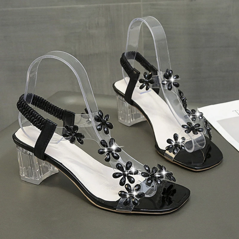 

Rhinestone Sandals Ins Tide 2022 New Female Summer Crystal Thick Heel Fashion Mid-heel Transparent High Heels Ladies Sandals