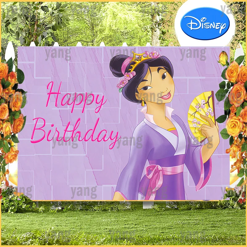 Custom Disney Princess Mulan Shake The Fan Photo Backdrop Girls Happy Birthday Party Decoration Cloth Baby Shower Background