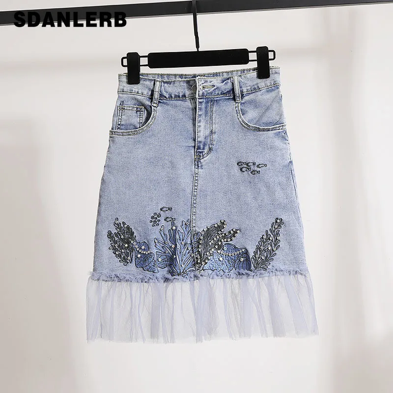 

Denim Skirt for Women 2022 Summer New A- Line Ruffled Mesh Patchwork Faldas Mujer High Waist Embroidered Sheath Skirt