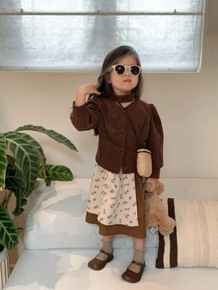 

HoneyCherry Autumn New Girls Corduroy Two Piece Set Fashion Trend Color Collision Floral Skirt Sets