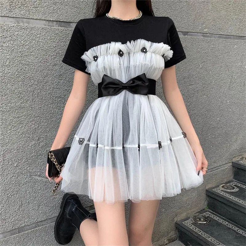 

Vintage Mesh Stitching Flower Chic Dress Ball Gown New Summer Fashion Short Sleeve Bow Belted Mini Dress Slim Waist Shirt Dress