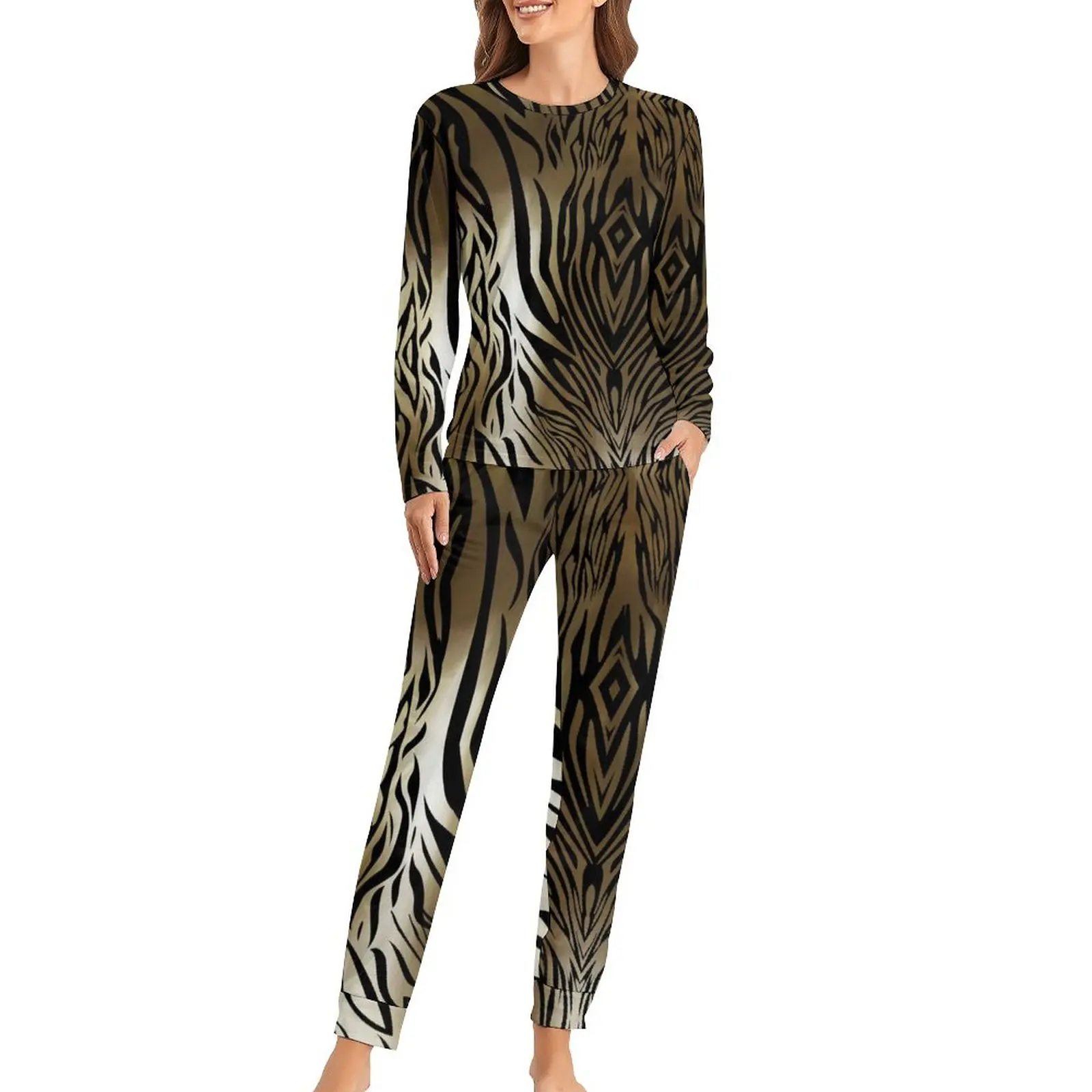 

Classic Tiger Print Pajamas Two Piece Animal Fur Kawaii Pajama Sets Womens Long Sleeve Casual Sleepwear Autumn Home Suit 5XL 6XL