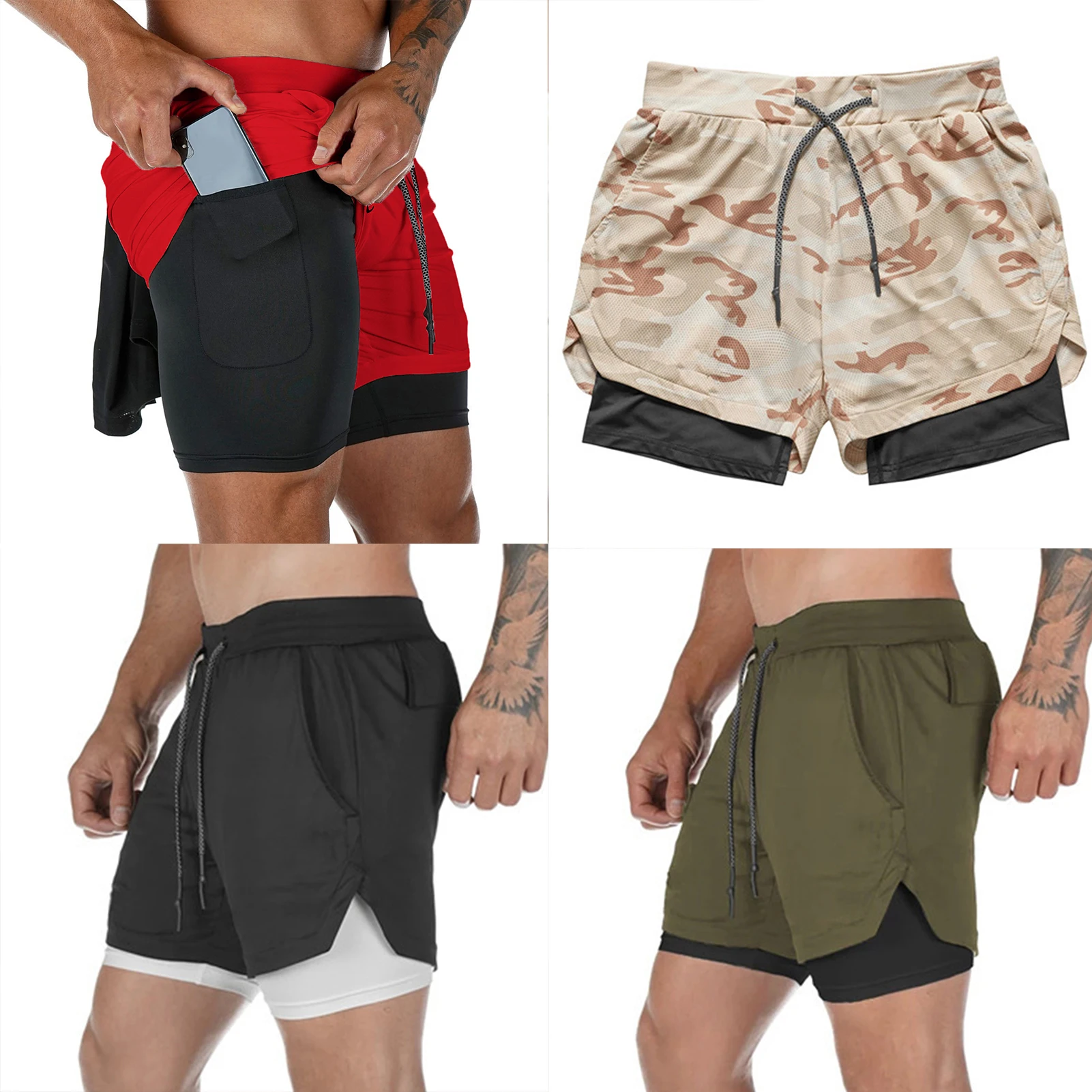 

Мужские летние шорты для бега 2 в 1, быстросохнущие спортивные шорты с несколькими карманами и кулиской, сетчатые шорты с внешним слоем H9
