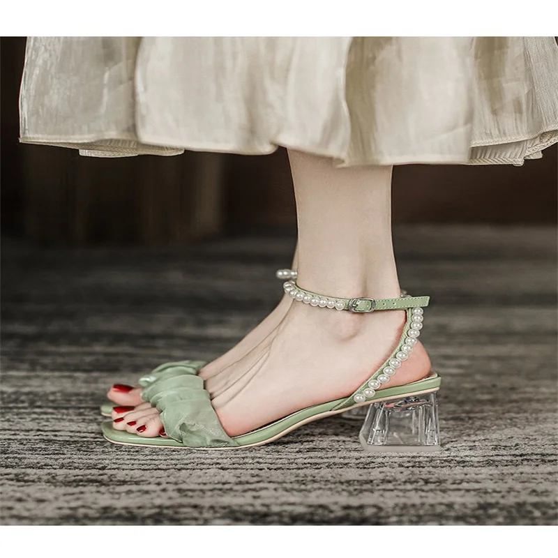 

Women's Sandals Transparent Heel New High Shoes Female Summer Lady 2021 Fairy Style Thick and High Heels Beaded Chain