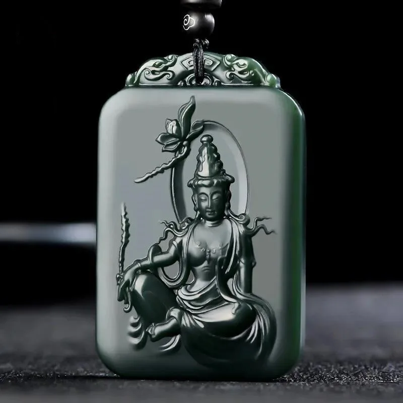 Natural Hetian Jade Hand Carved Double-sided Enlightenment Guanyin Pendant Boutique Jewelry Men's and Women's Cyan Necklace