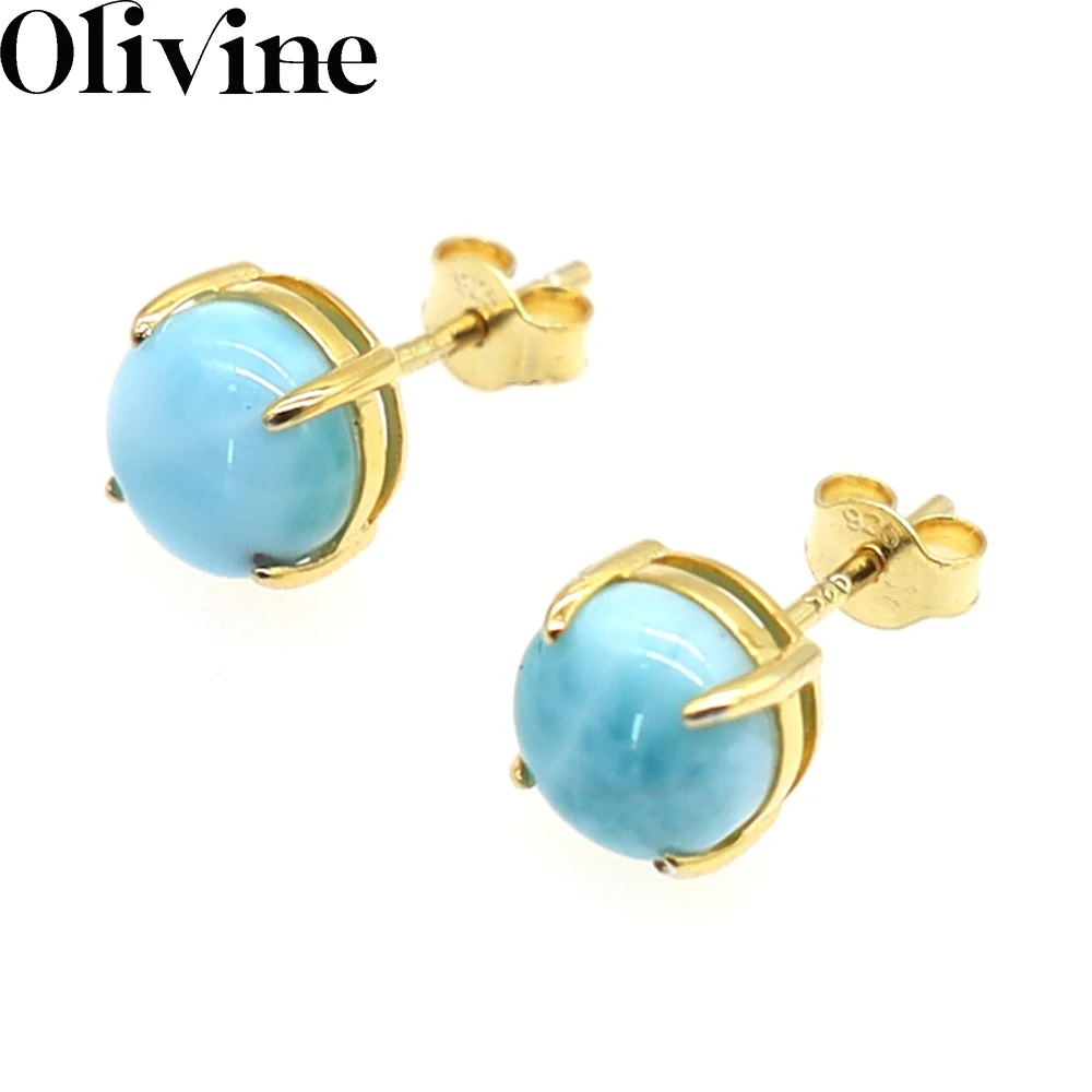 

Top Quality Natural Larimar Round Gemstone 925 Sterling Silver Stud Earrings for Women 2022 Trendy Genuine Girls Jewelry