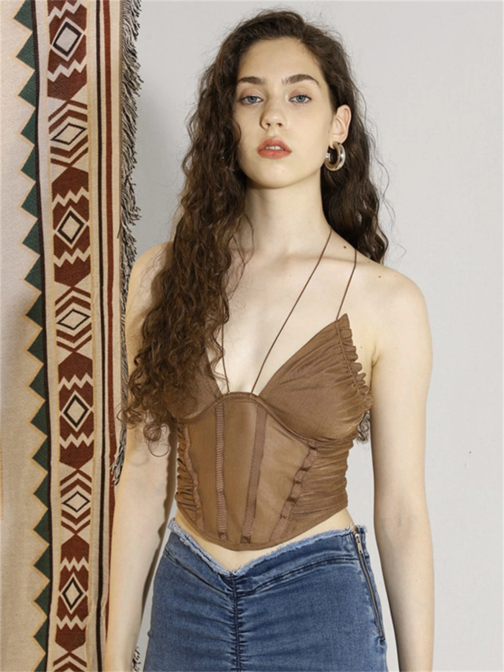 

Y2k Solid Brown Gauze Sexy Crop Top Women Street Style Fashion Tanks Tops Female Beach Style Backless Navel Pullover Camisole