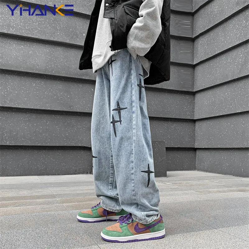 Embroidered Jeans Men's Y2k Straight Trousers Autumn New Korean Fashion High Street Hip-hop Style Loose Wide-leg Trousers Trend