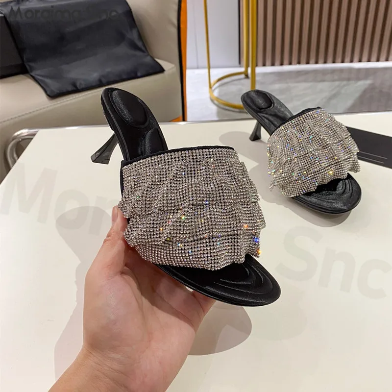 Ladies Full Diamond Rhineau Fashion Slippers 2023 New Stiletto Sexy Sandals Summer Outside Wear One Line Band Open-Toe Slippers