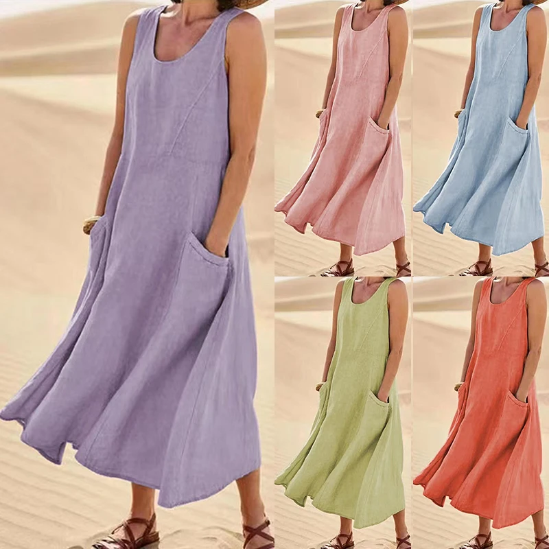 

Женское длинное платье из хлопка и льна, свободное винтажное платье без рукавов с круглым вырезом и карманами, лето 2023