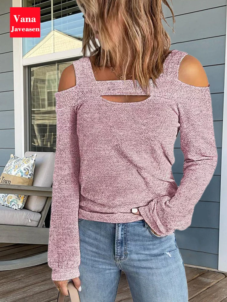 

Women's Shirt Cold Shoulder Blouse Long Sleeves T-shirt Hollow Sexy Casual Solid Tops for Spring Office Lady 5XL