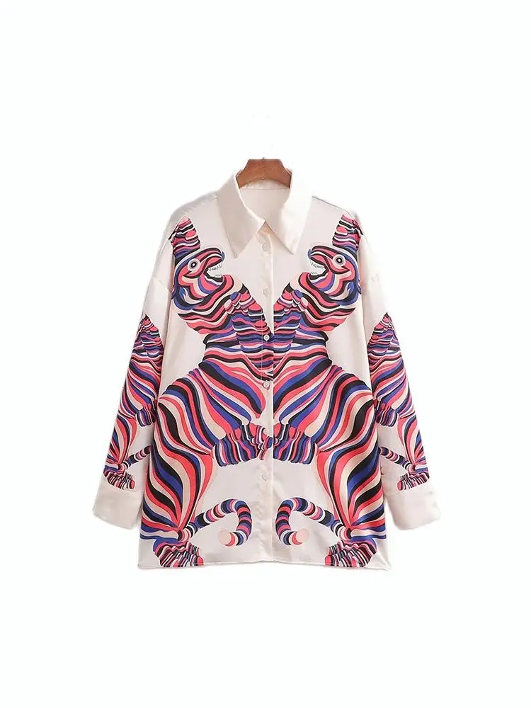 

DUOPERI Women Fashion Printed Blouses Vintage Lapel Neck Long Sleeves Single Breasted Female Chic Lady Shirts