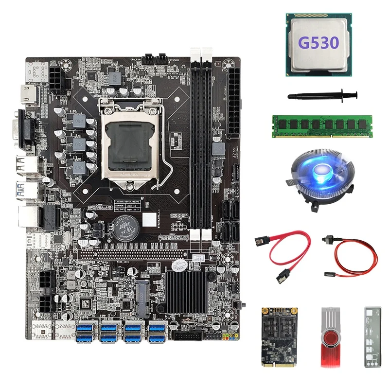 

B75 ETH Mining Motherboard 8XUSB+G530 CPU+DDR4 4G RAM+128G SSD+64G USB Driver+Fan+SATA Cable+Switch Cable+Thermal Grease