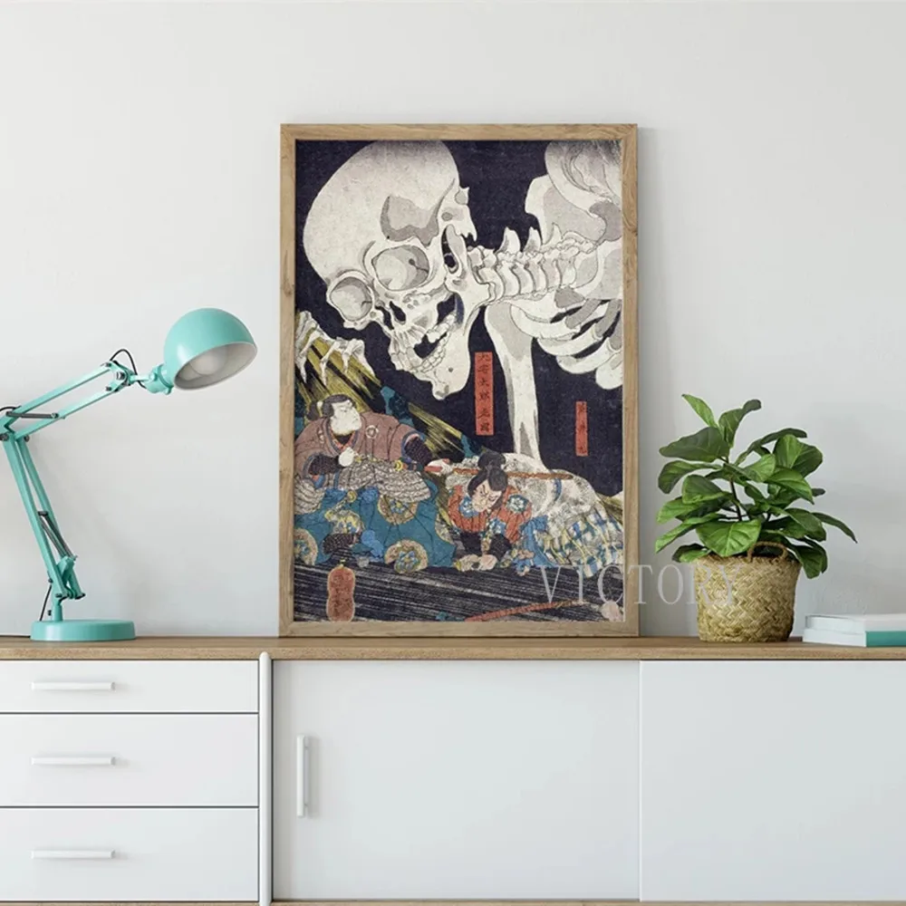 

Ukiyo-E Prints Witch and Skeleton Ghost By Utagawa Kuniyoshi Poster Japanese Wall Art Canvas Painting Retro Home Decor Picture