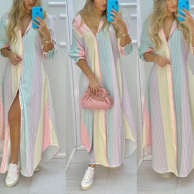 

Woman Long Shirt Dress Cotton Loose Long Sleeve Striped Button Down Casual Maxi Shirt Dress and short Spring Summer women
