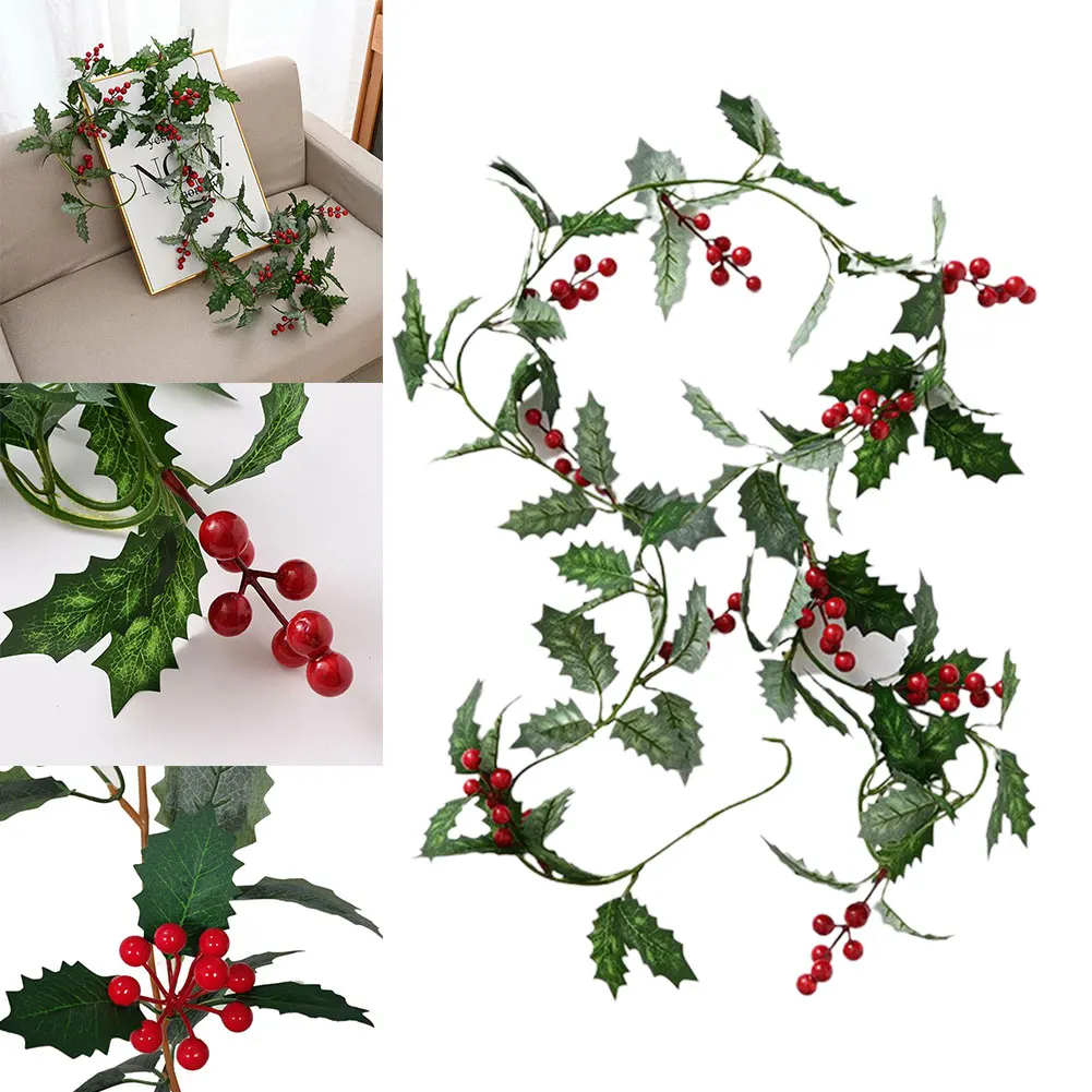 

Christmas Artificial Holly Leaves Vine Garland Red Berries Ivy Vine Xmas Tree Rattan Wreath Hanging Ornaments Home Decoration