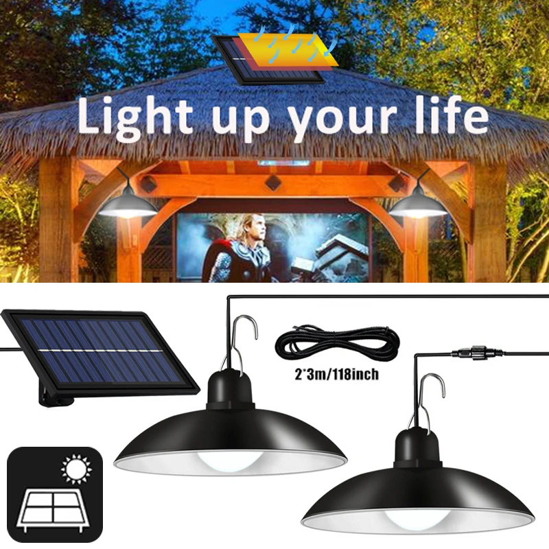 

Светодиодные подвесные светильники на солнечной батарее, открытый водонепроницаемый настенный светильник, двухсторонняя люстра с дистанционным управлением, комнатное и уличное украшение