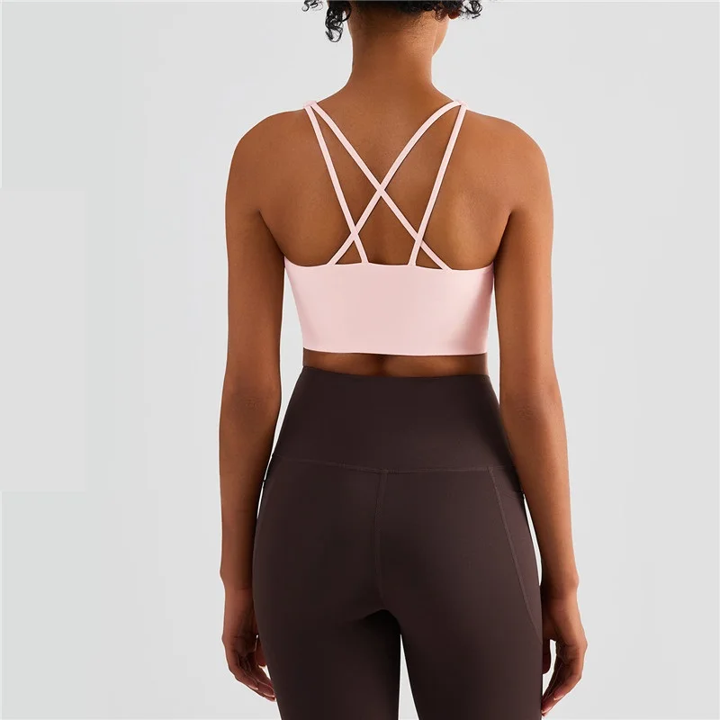 

Solid Color Soft Fitness Women Sport Bra Crop Top Tight Yoga Vest Gym Tank Workout Training Cross Back With Chest Pad Breathable