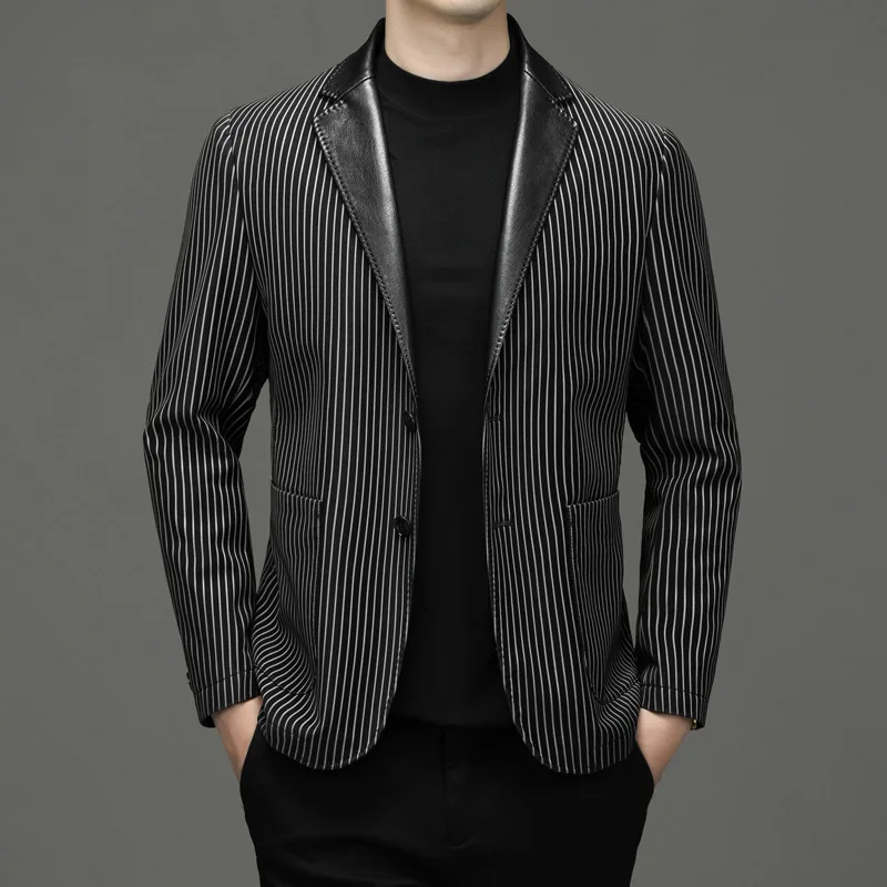 2023 New Young and Middle-aged Men Leather Suit Men Business Suit Leisure Suit Striped Suit Professional Jacket Men Coats Coats