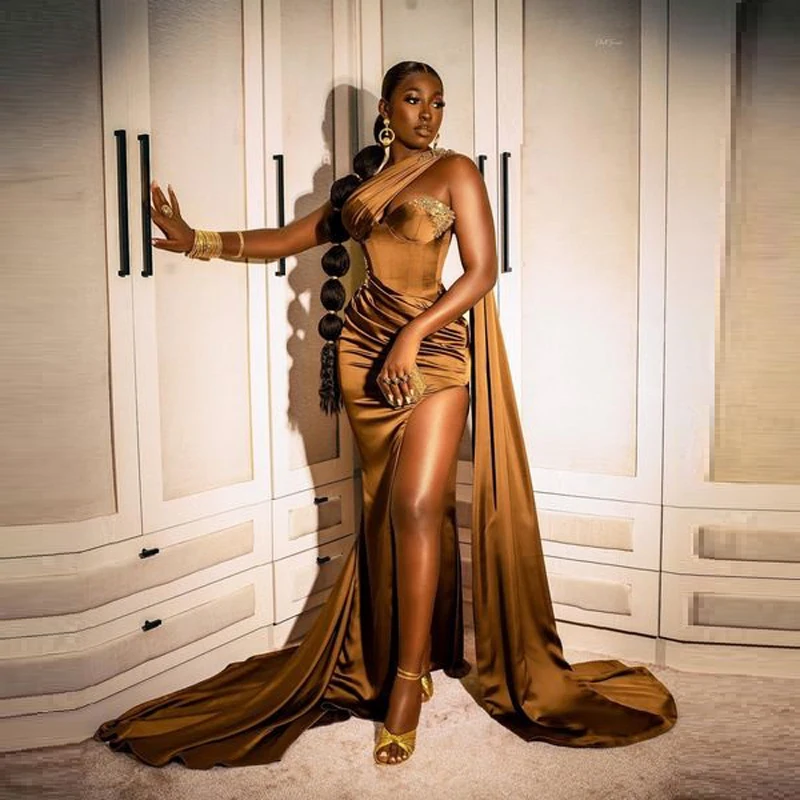 

Sexy Elegant Satin Long Dresses One Shoulder High Split Applique Plus Size African Black Girl Formal Evening Party Gowns