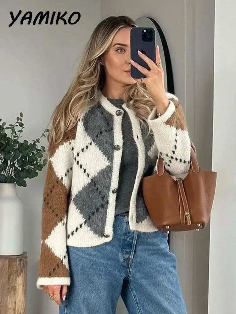 

Fashion Lozenge Plaid Knit Cardigan For Women O Neck Long Sleeve Single Breasted Soft Sweater Coat Vintage Casual Female Jumpers
