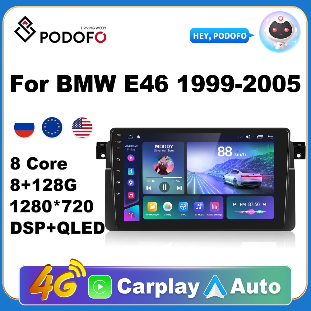 

Podofo Car Android CarPlay Radio Multimedia Player For BMW E46 1999-2005 2 Din Autoradio Video AI Voice GPS Navi 4G WiFi