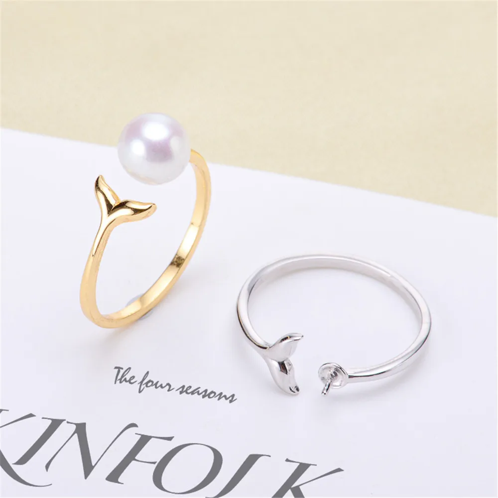 

S925 Sterling Silver Adjustable Half-hole Bead Settings Ring Fashion Classic DIY Sticky Pearl Empty Bracket Ring Holder