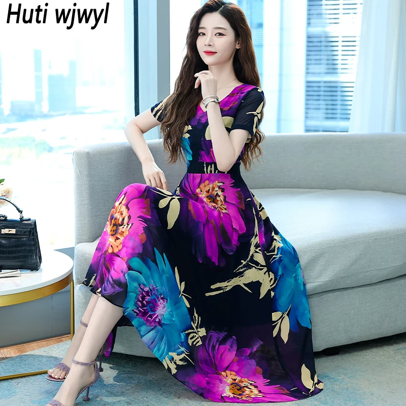 

Women Boho Floral Chiffon Casual Beach SundDress 2022 Korean Vintage Party Vestidos Summer Elegnat Bodyocn Short Sleeve Dresses