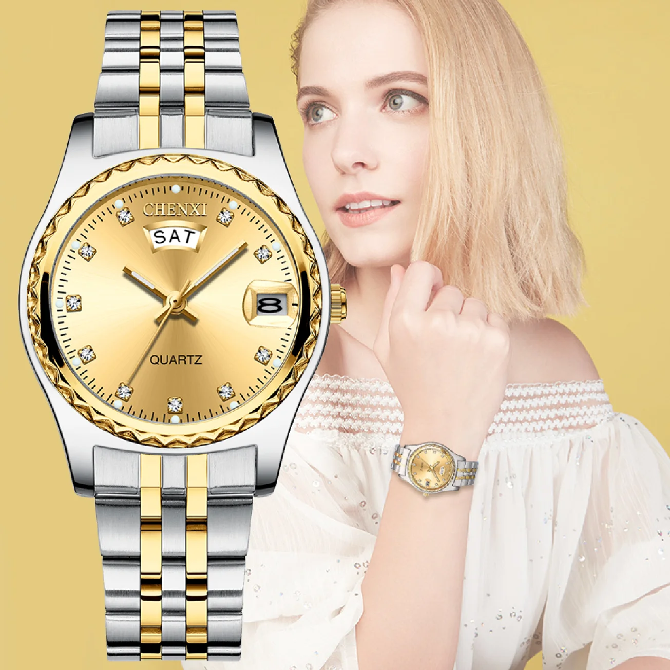 CHENXI Women Luxury Quartz Watches Ladies Golden Stainless Steel Watchband High Quality Casual Waterproof Watch Gift for Wife