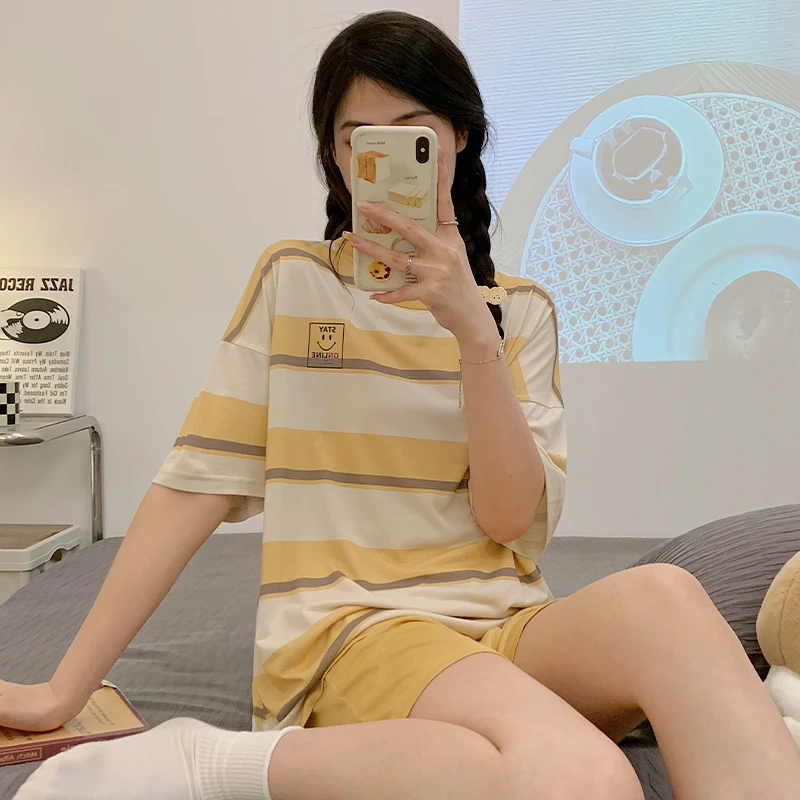 

New 2023 Women With Pad Chest Summer Modal Pyjama Sleepwear Lovely Home Suits Sexy Short Sleeve Pajamas Set