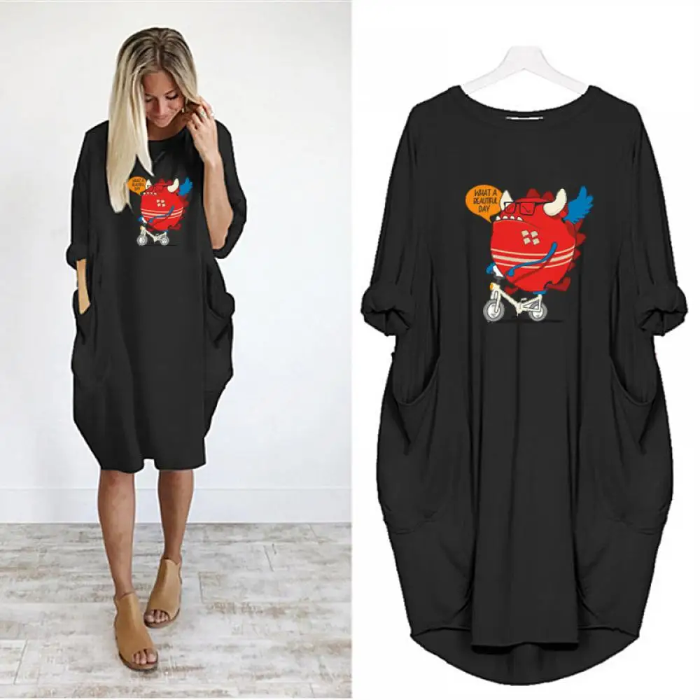 

Summer Dress Women 2022 Long Sleeves O Neck Midi Dress Cute Koakuma Cartoon Printing Elegant Casual Women Dresses Kawaii Clothes