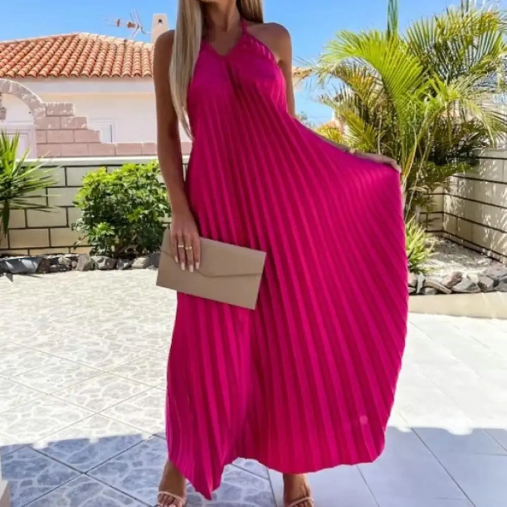 

Pure Colors Halter Large Hem Lady Maxi Dress Stylish Loose Fit Backless Casual Dress Comfortable Off Shoulder Pleated Dress