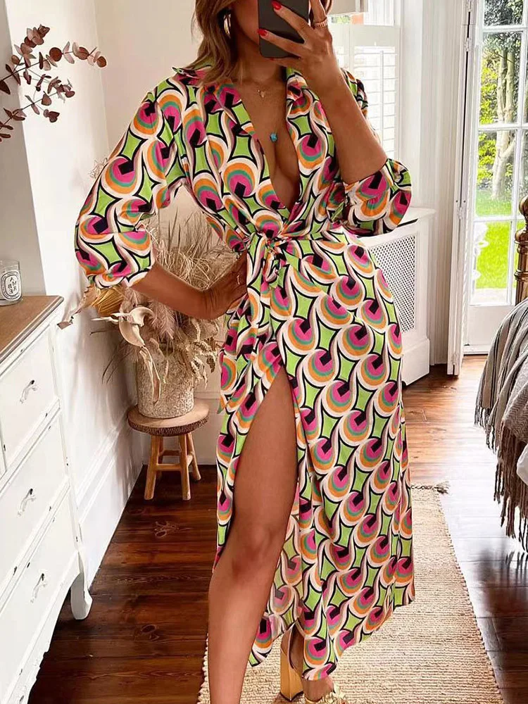 

2022 Summer Women Turn-Down Collar Casual Split Dress Sexy Long Sleeve Patchwork Vintage Ladies Party Dress Printing Streetwear