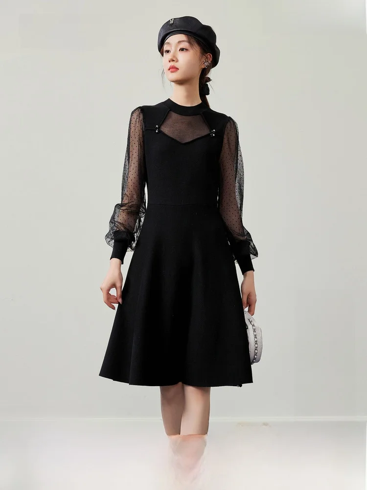 Qiushuiren National Sle трикотажное черное платье 2024 новинка зимы женская обтягивающая
