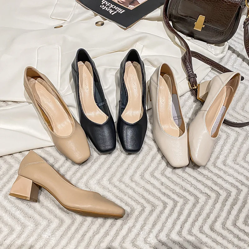 Retro Square Toe Pumps Woman Grandma Shoes Mary Janes Shallow Talons Hauts Office Thick High Heels Shoes Women Plus Size 34-43
