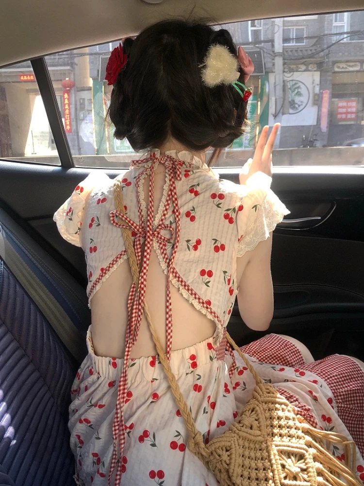

Летнее красное милое платье в стиле "Лолита", женское милое мини-платье в стиле принцессы с бантом, женское лоскутное корейское модное милое платье в виде вишни, 2023