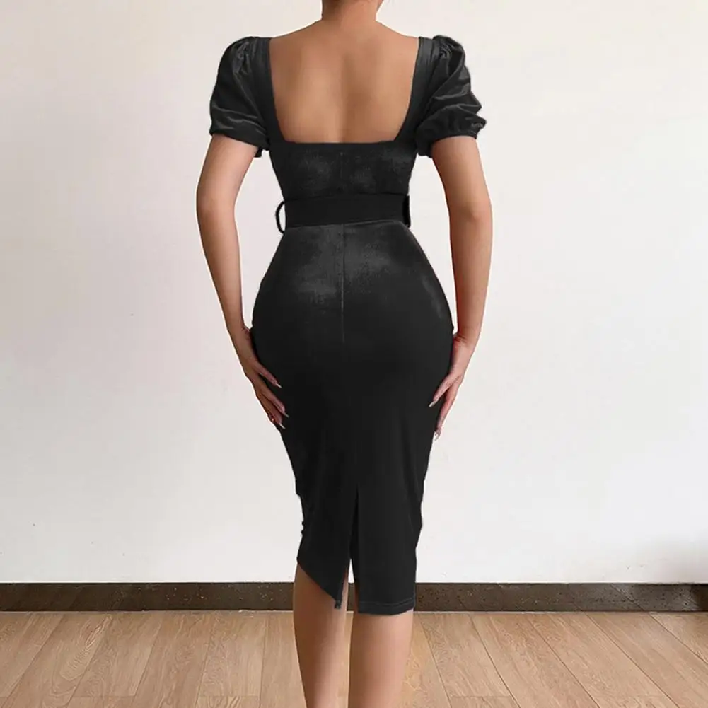 

Popular Women Dress Belt Soft Elegant Dress Square Collar Office Lady Midi Bodycon Dress
