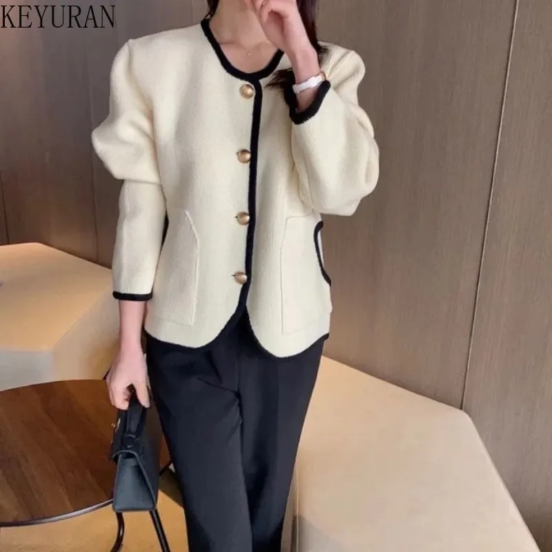 

Осенне-зимний вязаный Укороченный кардиган с золотыми пуговицами, пальто, простая корейская мода, с круглым вырезом и длинным рукавом, свитер в контрастную полоску, куртка