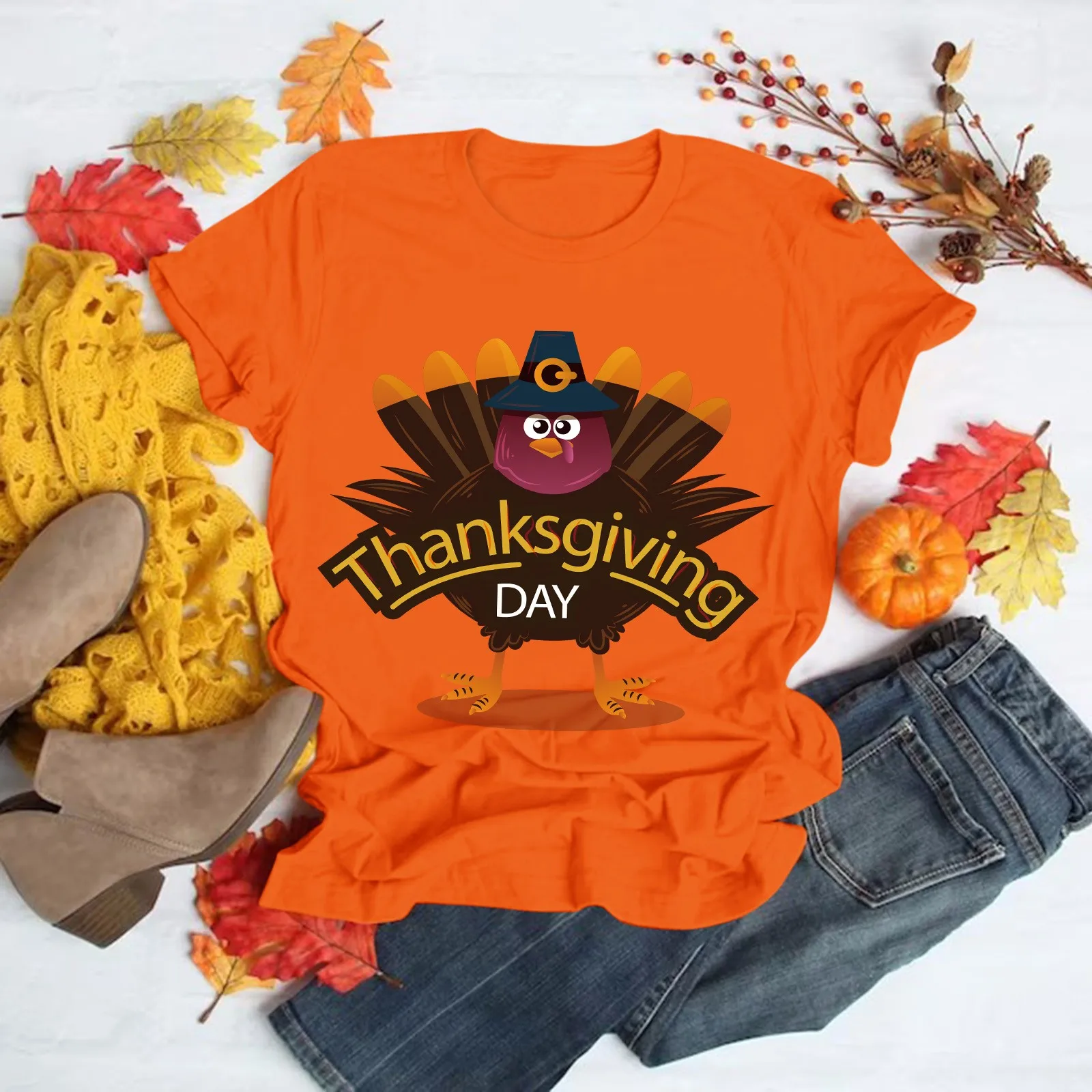 

Womens Thanksgiving Day Printed Short Sleeve Crew Neck T Shirt Top Apparel T